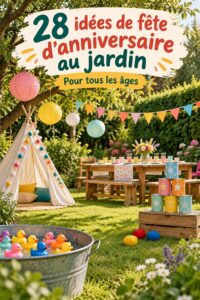 Fête d'anniversaire au jardin avec des décorations colorées et des invités joyeux