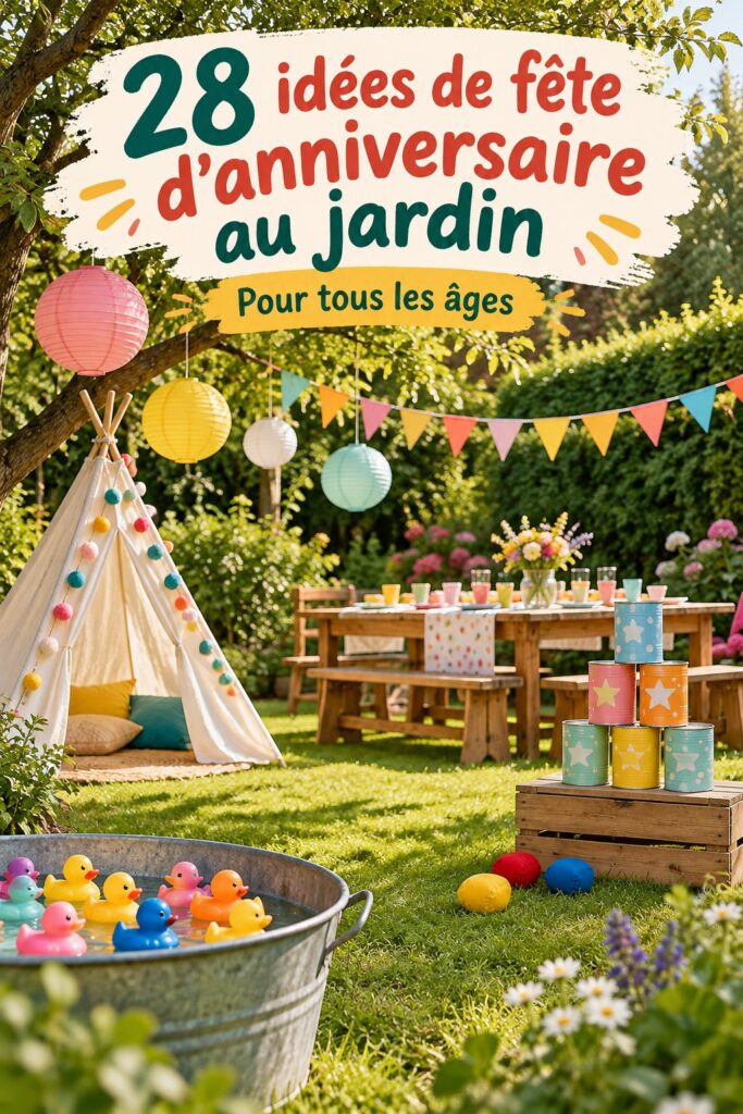 Fête d'anniversaire au jardin avec des décorations colorées et des invités joyeux