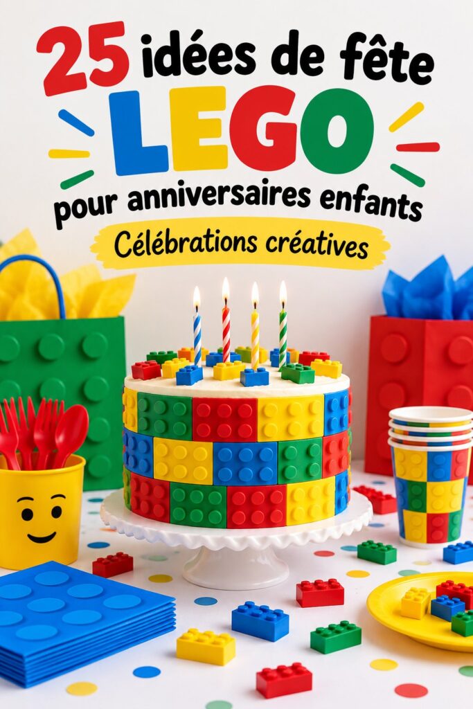 Fête d'anniversaire LEGO avec ballons et décorations colorées