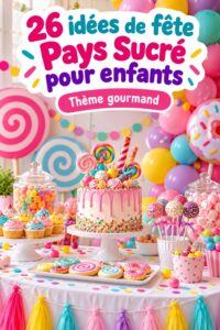Image d'une table décorée avec des friandises et une ambiance Candyland pour un anniversaire d'enfants