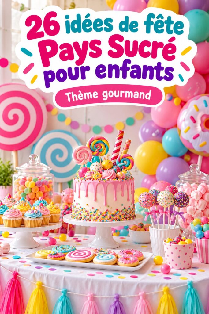 Image d'une table décorée avec des friandises et une ambiance Candyland pour un anniversaire d'enfants