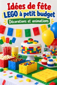 Déco colorée pour une fête LEGO avec ballons et bannières.