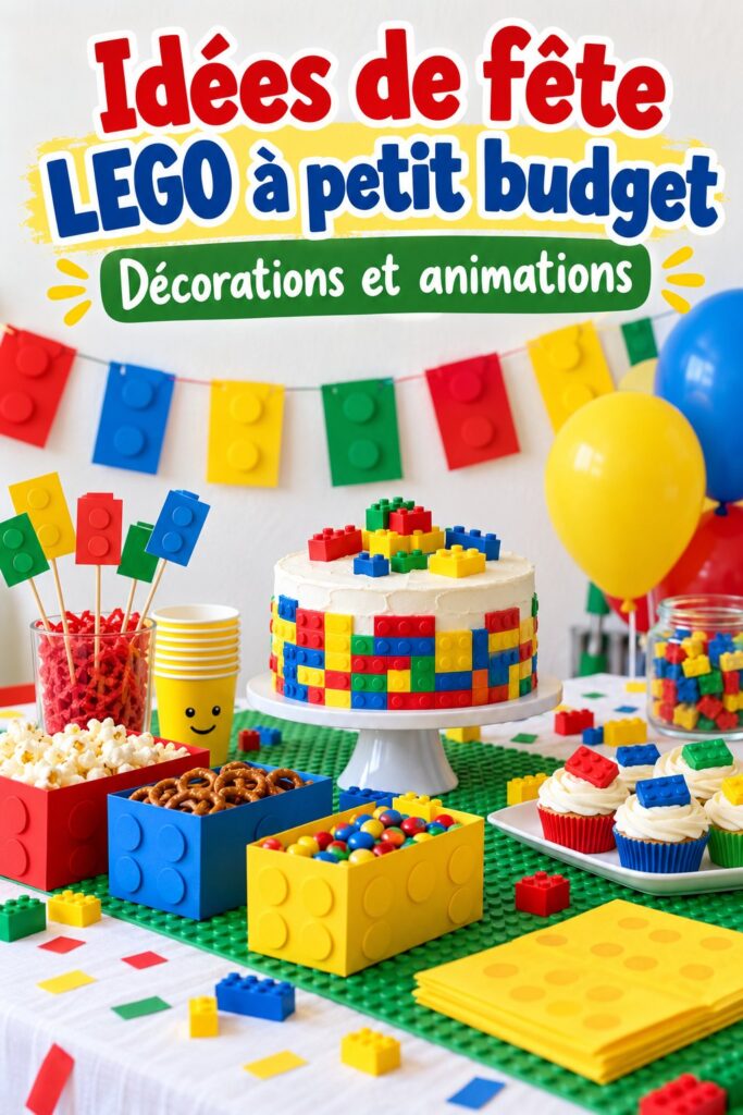Déco colorée pour une fête LEGO avec ballons et bannières.