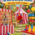 Un jardin décoré en fête foraine avec des jeux et des ballons colorés