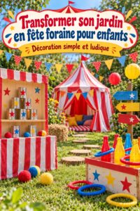 Un jardin décoré en fête foraine avec des jeux et des ballons colorés