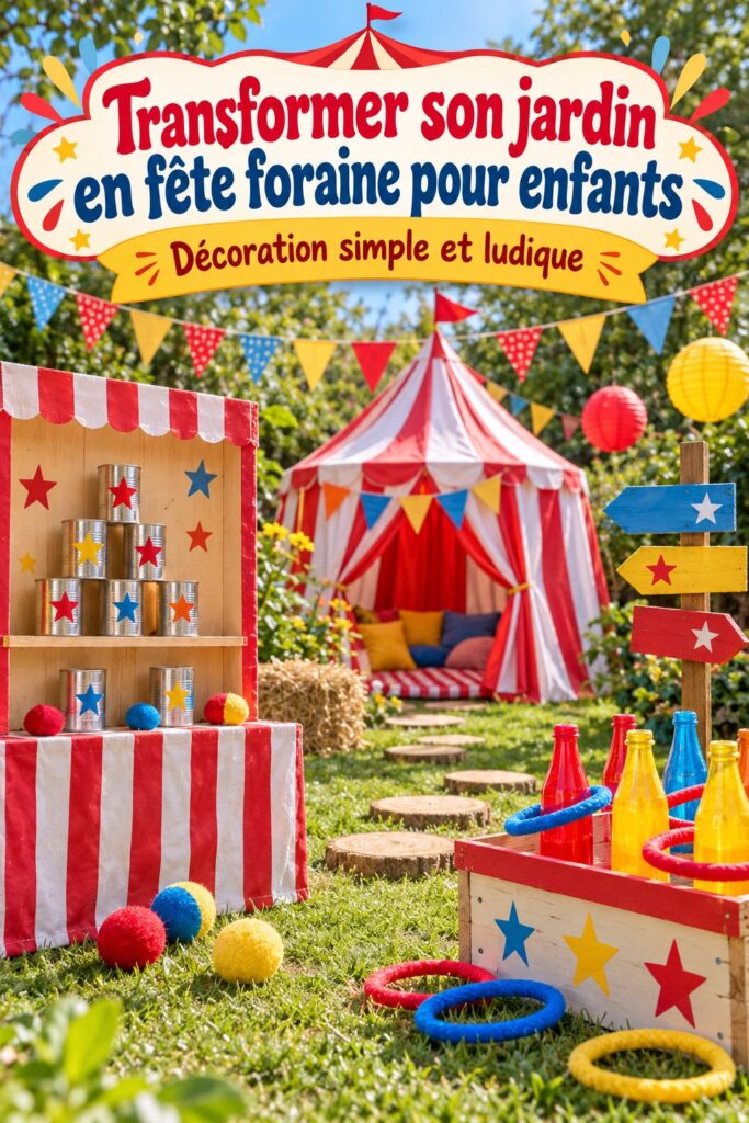 Un jardin décoré en fête foraine avec des jeux et des ballons colorés