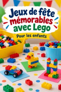 Un groupe d'enfants s'amusent autour de jeux de société Lego lors d'une fête d'anniversaire.