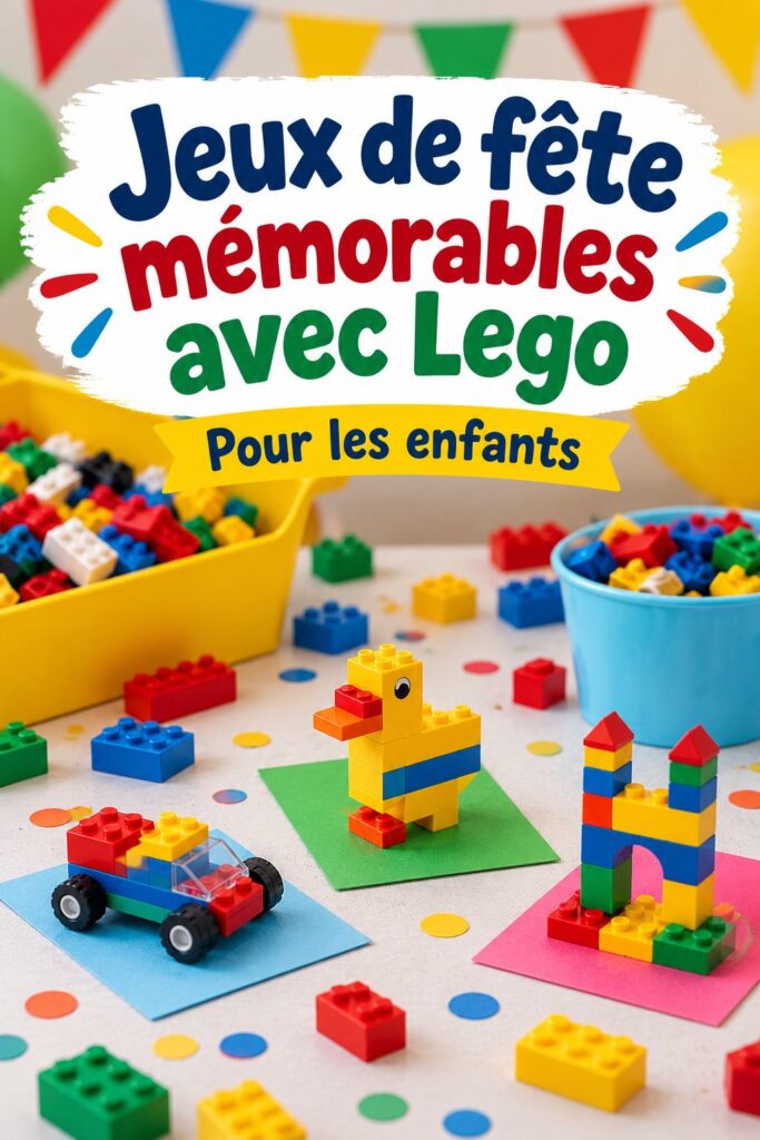 Un groupe d'enfants s'amusent autour de jeux de société Lego lors d'une fête d'anniversaire.