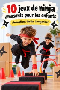 Des enfants en costume de ninja jouant à un jeu d'anniversaire dans un jardin.