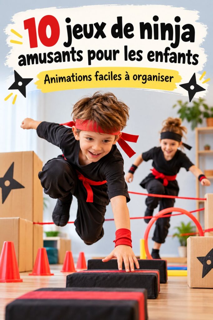 Des enfants en costume de ninja jouant à un jeu d'anniversaire dans un jardin.