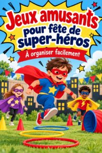 Des enfants s'amusent en jouant à des jeux de super-héros lors d'une fête colorée.