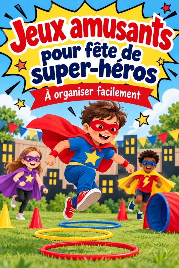 Des enfants s'amusent en jouant à des jeux de super-héros lors d'une fête colorée.