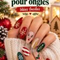 Des ongles décorés avec des motifs de Noël colorés et festifs.