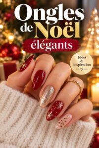 Manucure élégante de Noël avec des motifs festifs et des couleurs festives.