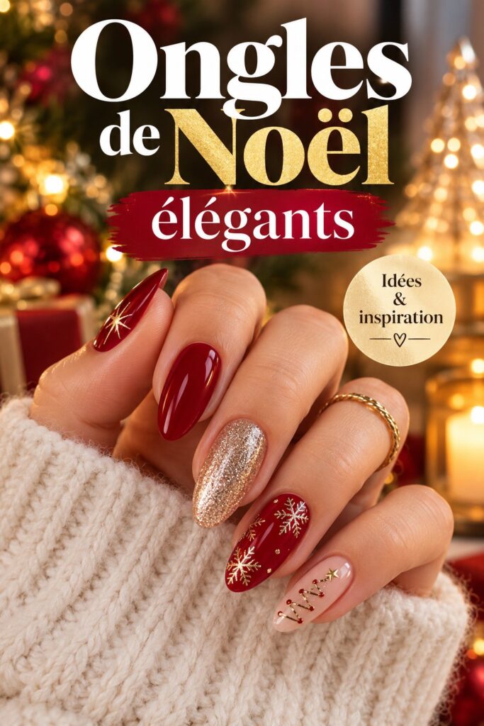 Manucure élégante de Noël avec des motifs festifs et des couleurs festives.