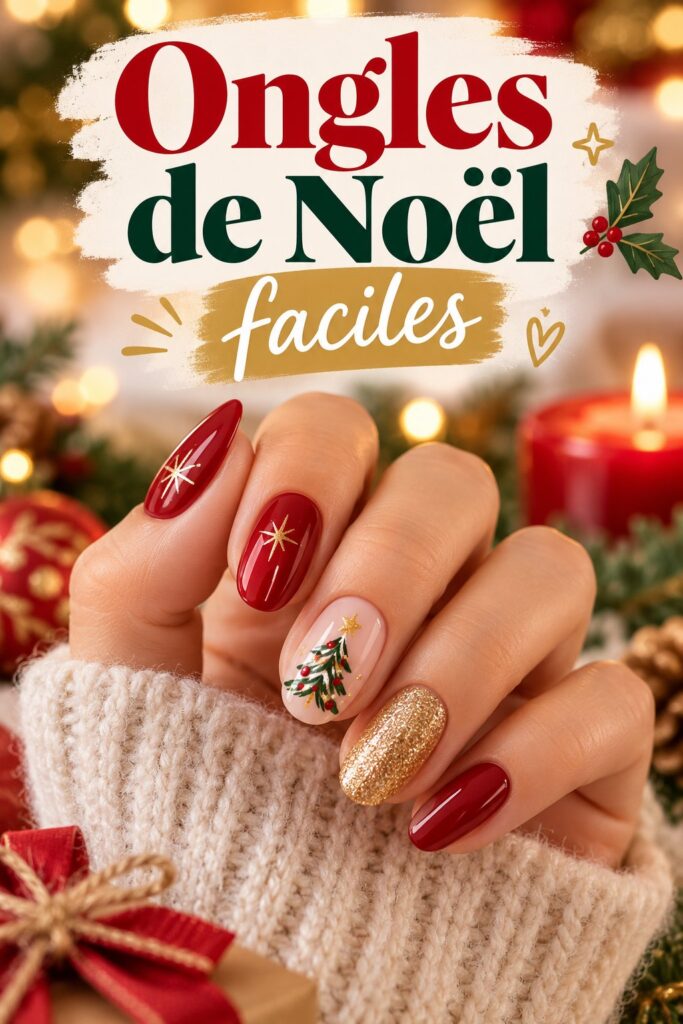 Des mains avec des ongles décorés de motifs de Noël faciles