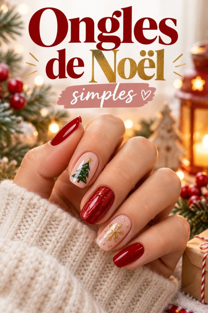 Des ongles de Noël simples avec des motifs festifs et des couleurs festives.