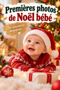 Bébé assis devant un sapin de Noël, en pyjama festif, souriant