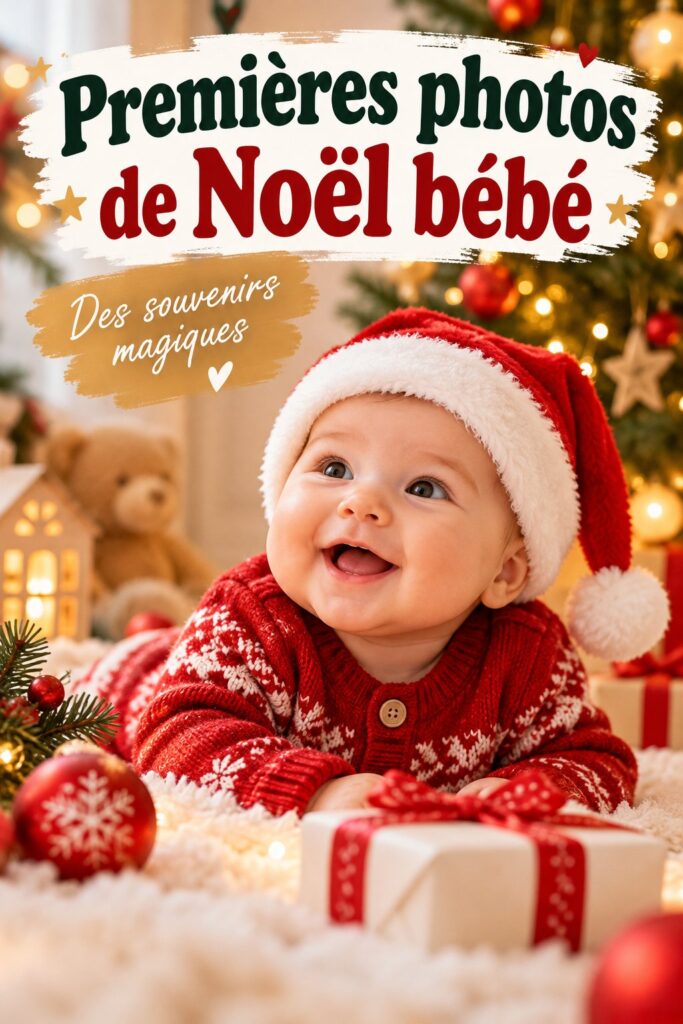 Bébé assis devant un sapin de Noël, en pyjama festif, souriant