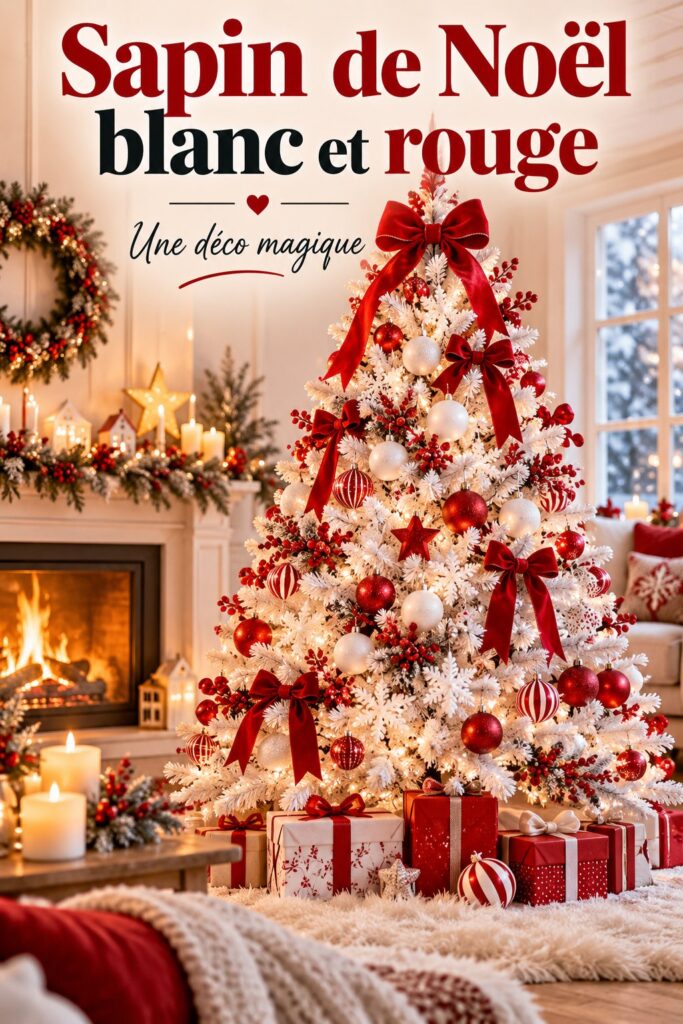 Un élégant sapin de Noël blanc et rouge décoré de manière festive.