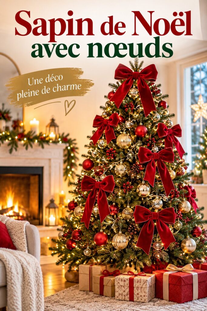 Sapin de Noël élégamment décoré avec des nœuds colorés