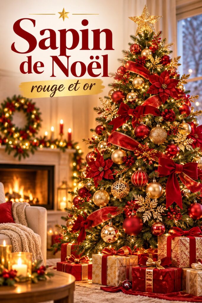 Un sapin de Noël décoré en rouge et or, apportant une ambiance chaleureuse à la pièce.