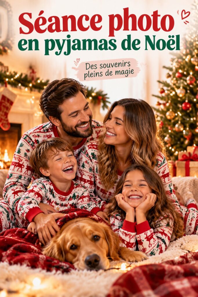 Une famille souriante en pyjamas de Noël posant ensemble devant un sapin illuminé.