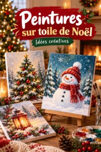 Peinture sur toile représentant un paysage hivernal de Noël