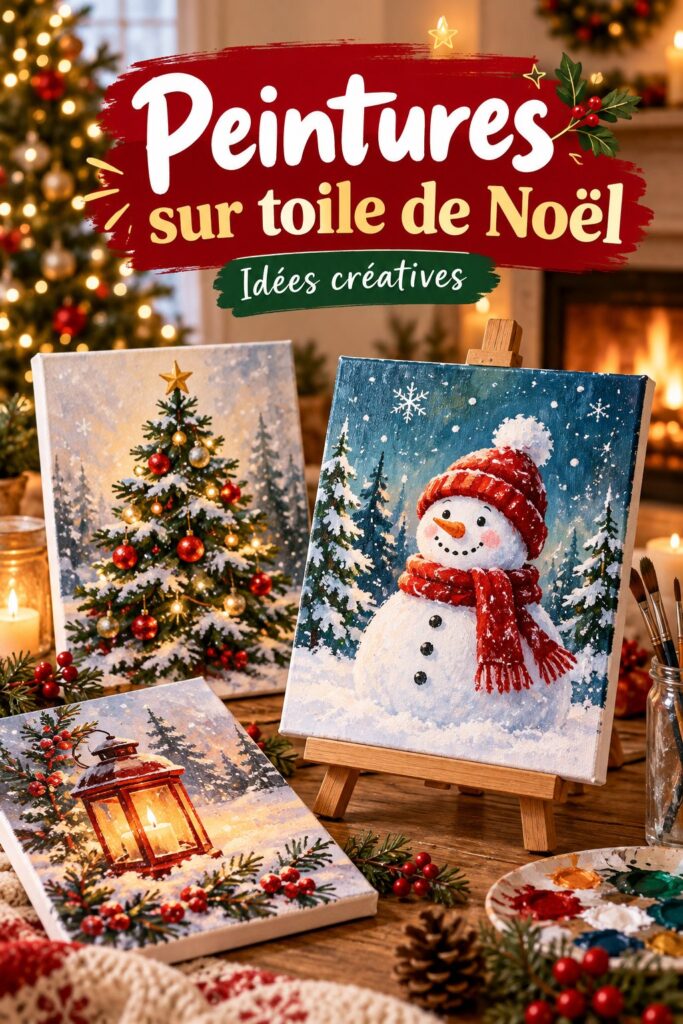 Peinture sur toile représentant un paysage hivernal de Noël